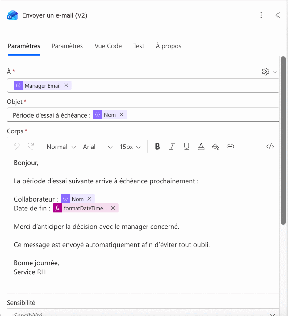 automatiser les alertes RH avec PowerAutomate