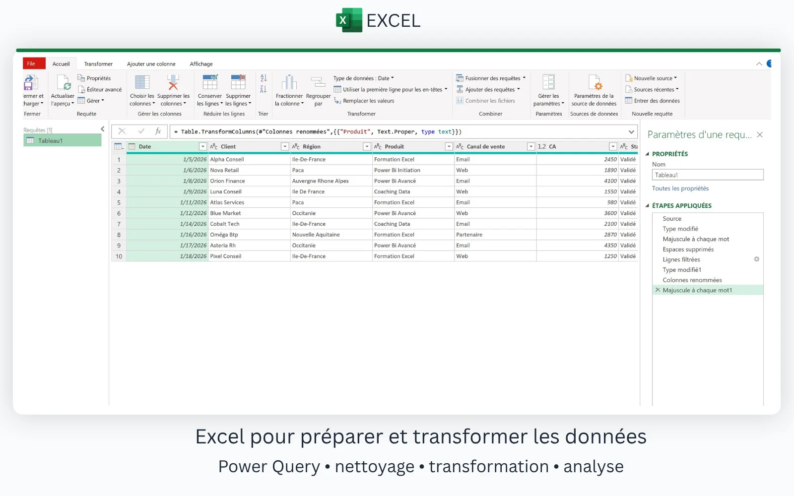 Interface Power Query dans Excel pour préparer et transformer des données